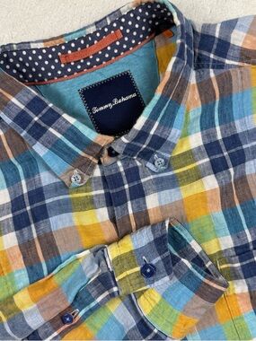 Tommy Bahama Men's XL 100% Linen Button Down Shirt Colorful Plaid Long Sleeve
